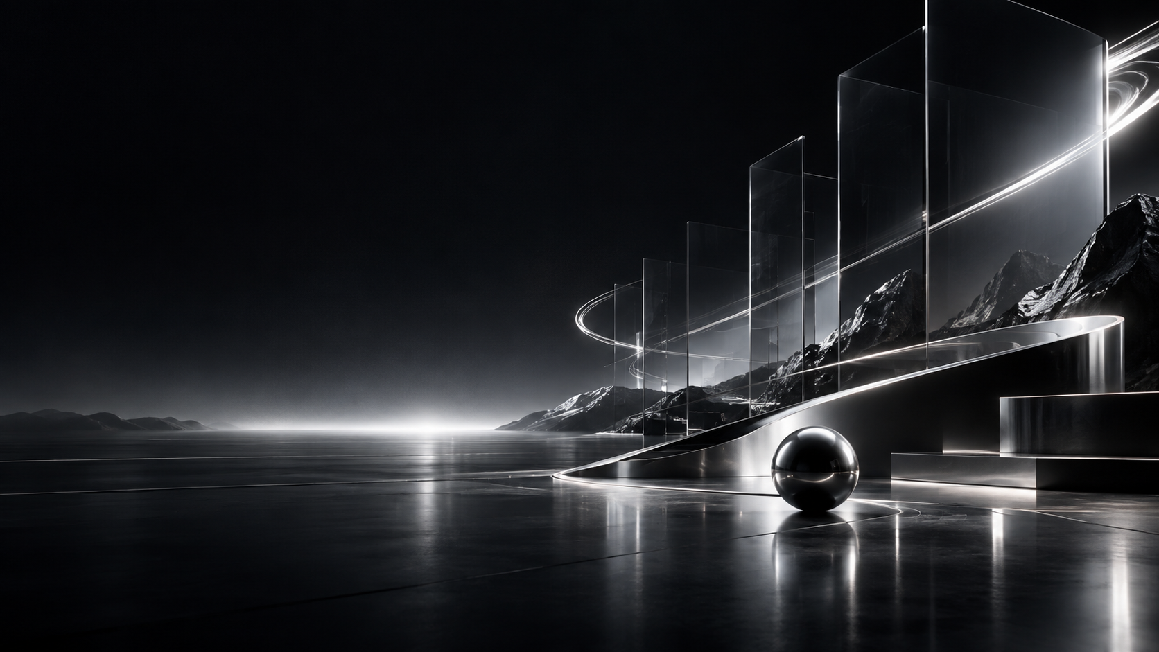 Abstract chrome forms rising through a cinematic black landscape